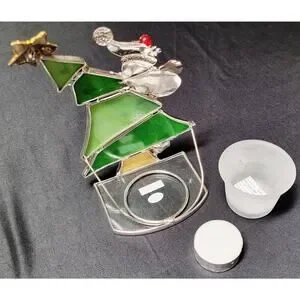 Snowman Climbing Christmas Tree Stained Glass Votive Int. Silver Co. Plate