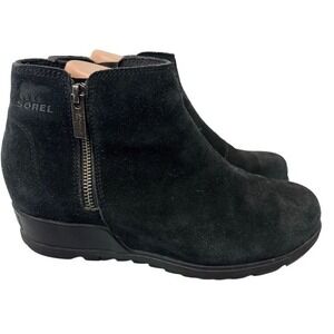 Sorel Womens 9 Evie Black Suede Ankle Boots Zip Wedge Round Toe LL4726-010