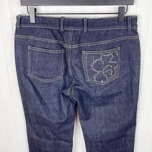 St. John Dark Wash Denim Jeans Rhinestone Jewel Flower Pockets Women's Size 4