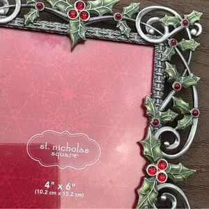 St. Nicholas Square Pewter Picture Frame Jeweled Holly Berries 4x6