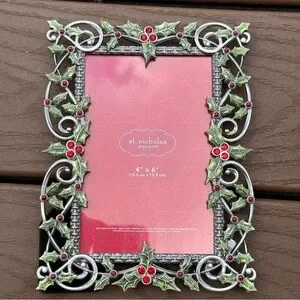 St. Nicholas Square Pewter Picture Frame Jeweled Holly Berries 4x6