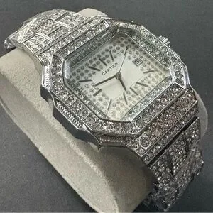 Stainless Steel Fashion Silver Rhinestone Watch Large Face Men Women Unisex