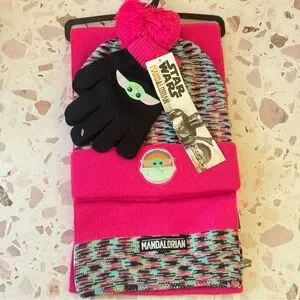 Star Wars Set New Girls The Mandalorian Grogu Baby Yoda Hat Scarf Mittens Pink