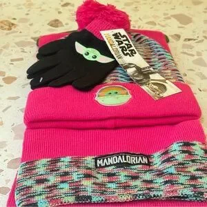 Star Wars Set New Girls The Mandalorian Grogu Baby Yoda Hat Scarf Mittens Pink