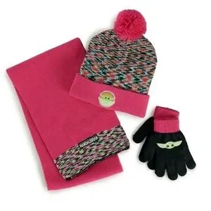Star Wars Set New Girls The Mandalorian Grogu Baby Yoda Hat Scarf Mittens Pink