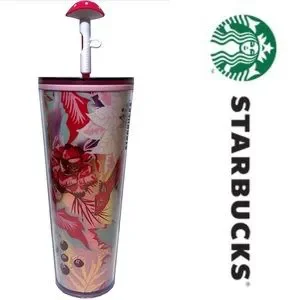 Starbucks Mushroom Cap Straw Tumbler Fox Rose Flower Pink Fall Winter 2022 - 24