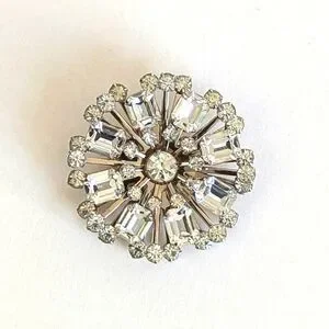 Starburst Emerald Cut Spindle Vintage 2" Brooch Pin Hinge Closure Clear Silver