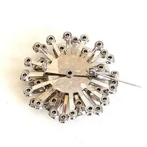 Starburst Emerald Cut Spindle Vintage 2" Brooch Pin Hinge Closure Clear Silver