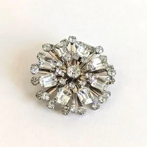 Starburst Emerald Cut Spindle Vintage 2" Brooch Pin Hinge Closure Clear Silver