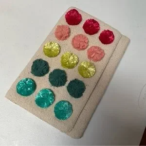 Stella And Dot St. Barth's Linen Multi Color Pom Pom Clutch