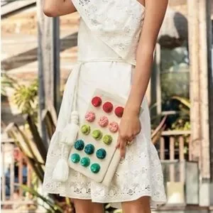 Stella and Dot St. Barth's Linen Multi Color Pom Pom Clutch