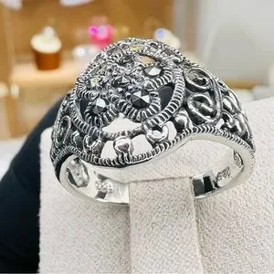 Sterling Silver Marcasite Filigree Art Lace Embroidery Cocktail Ring Size 9