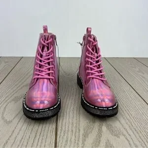 Steve Madden Little Girls JWORDLE Lace-up Combat Moto Boots Pink Metallic $60