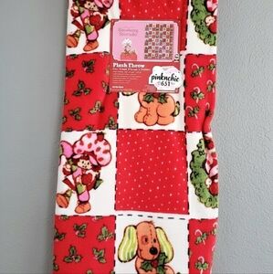 Strawberry Shortcake and Dog Custard Christmas Candy Cane Holly Throw Blanket