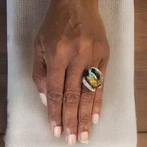 STS Cosmic Yellow Tiger's Eye Austrian Crystal Solitaire Ring In Stainless Steel