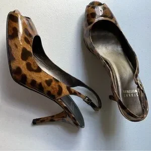 Stuart Weitzman Patent Animal Print Peep Toe Slingback Pump Heels