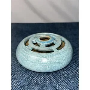 Studio Pottery 4" W 1.25" T 9 Hole Flower Frog Crystalline Glaze Turquoise