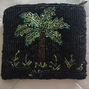 Stunning Beaded Zippered Change Coin Purse Black With Palm Tree