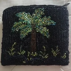 Stunning Beaded Zippered Change Coin Purse Black With Palm Tree