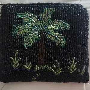 Stunning Beaded Zippered Change Coin Purse Black With Palm Tree