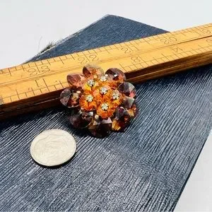 Stunning Vintage Amber Austrian Crystal Bead Brooch Pin Autumn Rhinestones