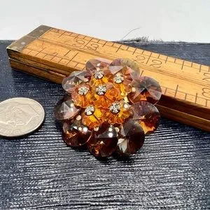 Stunning Vintage Amber Austrian Crystal Bead Brooch Pin Autumn Rhinestones