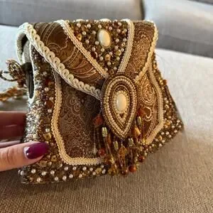 Susan Collection Beaded Evening Bag Brown Gold Embellished Pearls Renaissance