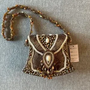 Susan Collection Beaded Evening Bag Brown Gold Embellished Pearls Renaissance