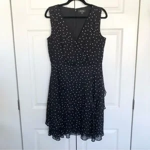 Tahari Black and White Polka Dot Sleeveless Lined Dress Size 8