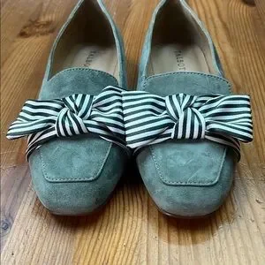 Talbots Green Leather Suede Flats With Stripped Bow 8M