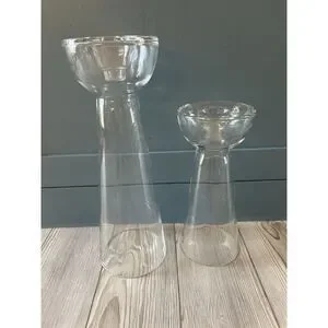 Tall Unbranded 2 Votive /Taper Candle Holders 13 1/5 10” Clear Glass Preowned