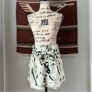 Tanya Taylor Linen Blend Belted Floral Shorts