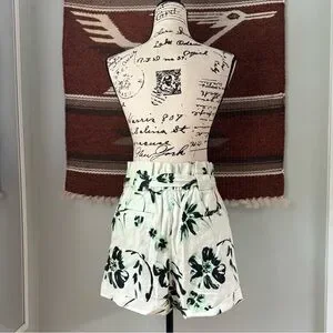 Tanya Taylor Linen Blend Belted Floral Shorts