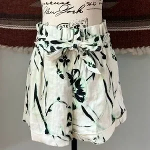 Tanya Taylor Linen Blend Belted Floral Shorts