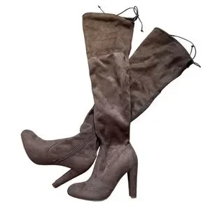 Taupe Suede Brown Over The Knee High Heel Boots Tie Back Stiletto Chic Women’s 6