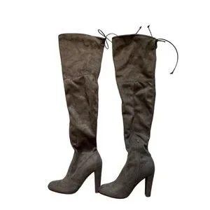 Taupe Suede Brown Over The Knee High Heel Boots Tie Back Stiletto Chic Women’s 6