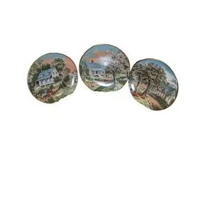 Three vintage Currier & Ives miniature plates depicting different homestead scen