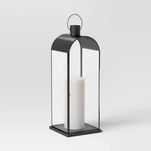 Threshold Metal Portable Tempered Glass Black Metal Lantern NWT
