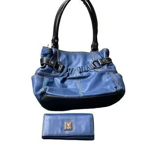 Tignanello Women's Blue Genuine Leather Floral Shoulder Handbag With Wallet Set