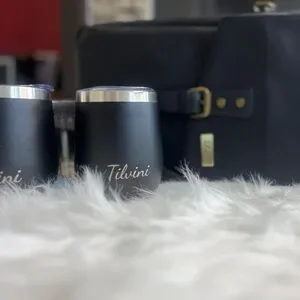 Tilvini Black Genuine Leather Insulated Wine Bag & Tumbler Set NWT