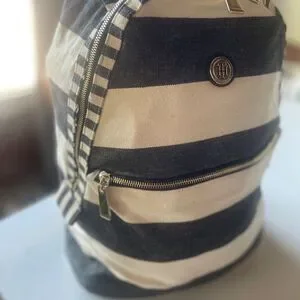 Tommy Hilfiger Canvas Backpack Laptop Bag Travel Wide Stripe TH Gold Hardware