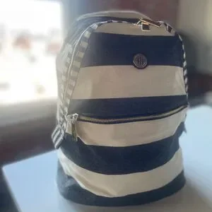 Tommy Hilfiger Canvas Backpack Laptop Bag Travel Wide Stripe TH Gold Hardware