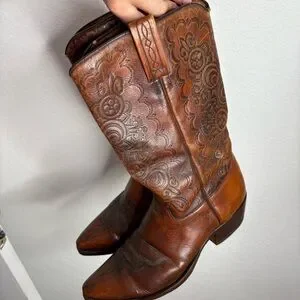 Tooled Vintage Dan Post Cowboy Boots Spanish Made Mens Size 10.5