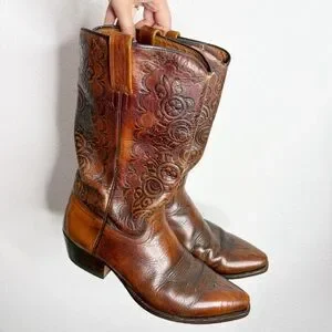 Tooled Vintage Dan post cowboy boots Spanish Made mens Size 10.5