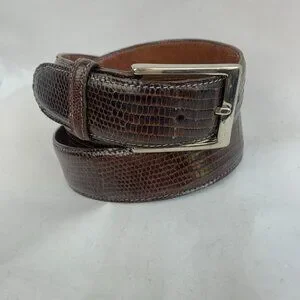 TORINO Belt Ringmark Lizard Brown Leather Mens Silver Tone Brass Buckle Sz 42