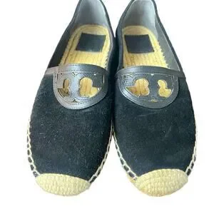 Tory Burch Black “Sidney” Jute Heel Espadrilles Beach Coastal Nautical Weekend 7