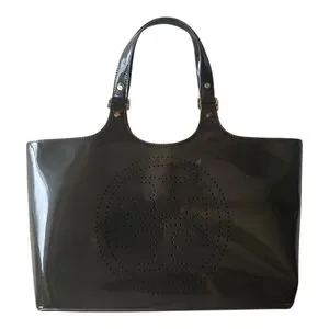 Tory Burch Olive Green Patent Leather Perforated Logo Tote Bag – Chic Everyday