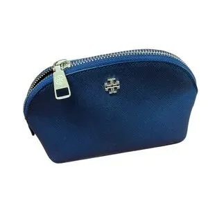Tory Burch Robinson Small Navy Leather Cosmetics Case Gold Zip Logo