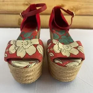 Tory Burch Sherri 9 M Leather Espadrille Wedge Platform Heel Peep Toe Red Floral