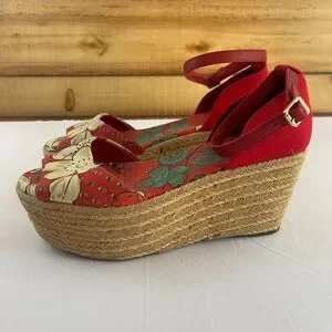 Tory Burch Sherri 9 M Leather Espadrille Wedge Platform Heel Peep Toe Red Floral